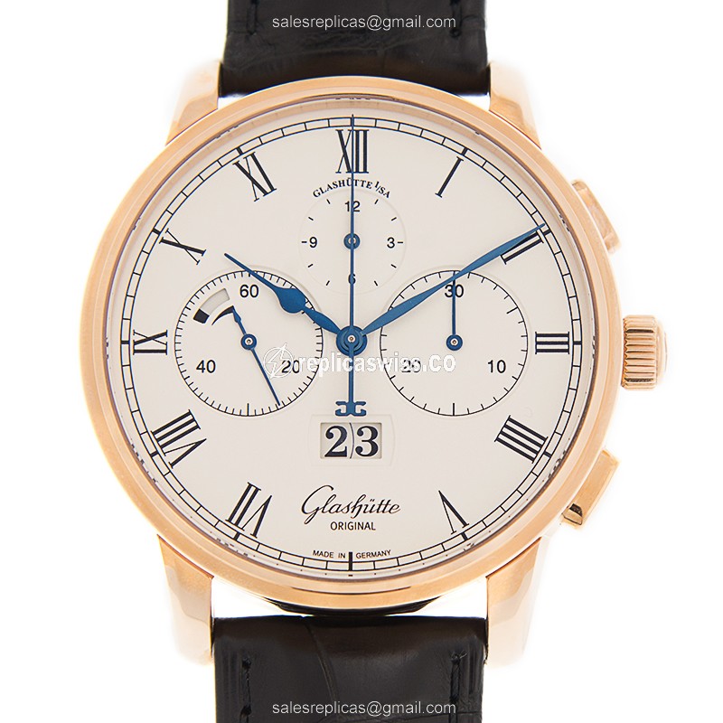 Glashutte Senator Manual Winding Skeletonized - Automatic 18kt Rose Gold - White Dial - Black Alligator Strap