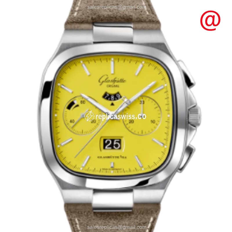Glashutte Retro 1-37-02-07-02-35 - Automatic - Yellow Dial - Steel Case - Grey Cowhide Strap - Luxury Replica RETRO COLLECTION Watch