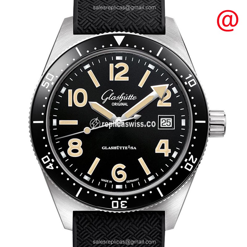 Glashutte Spezialist Replica - Automatic - Steel Case - Black Dial - Rubber Strap