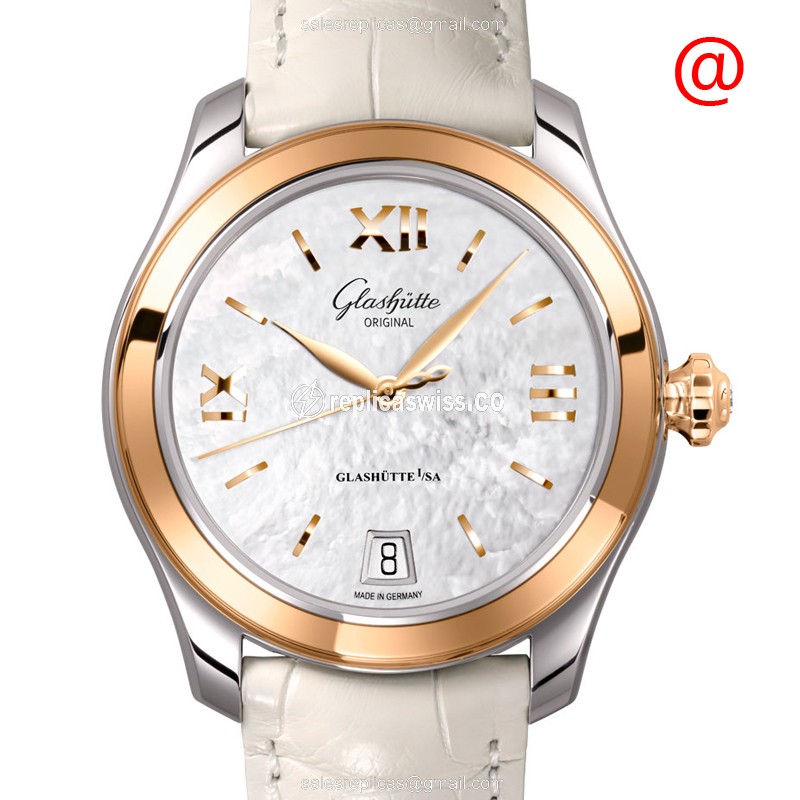 Glashutte Ladies Automatic 18kt Rose Gold - White Dial Buckle Clasp Alligator White Strap