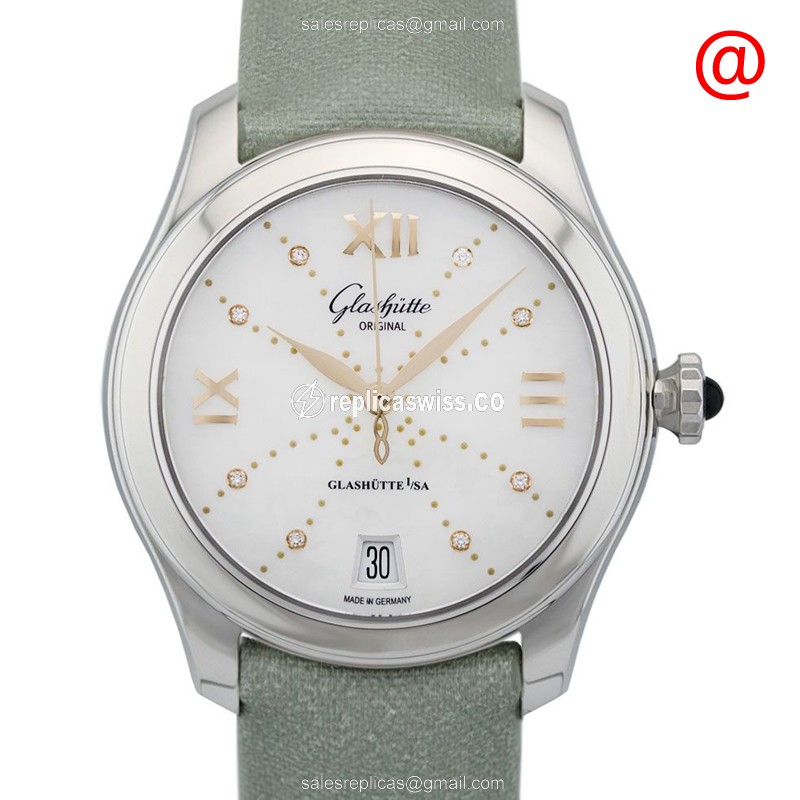 Glashutte Ladies Replica - Automatic - Stainless Steel Case - White Dial - Green Cowhide Strap - Luxury Replica LADIES Watch