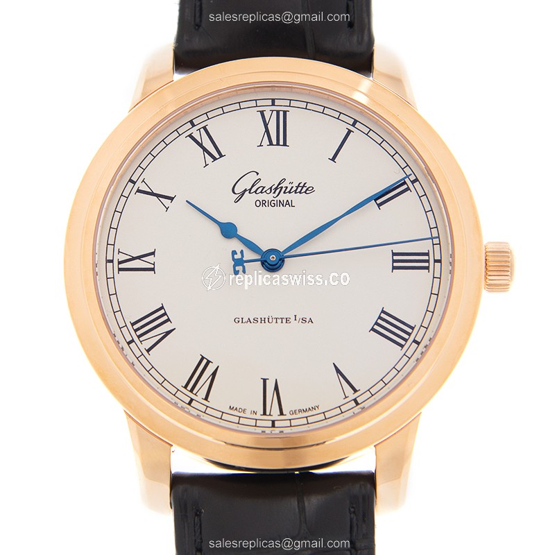 Glashutte Senator Manual Winding Skeletonized - Automatic 18kt Rose Gold - White Dial, Black Alligator Strap