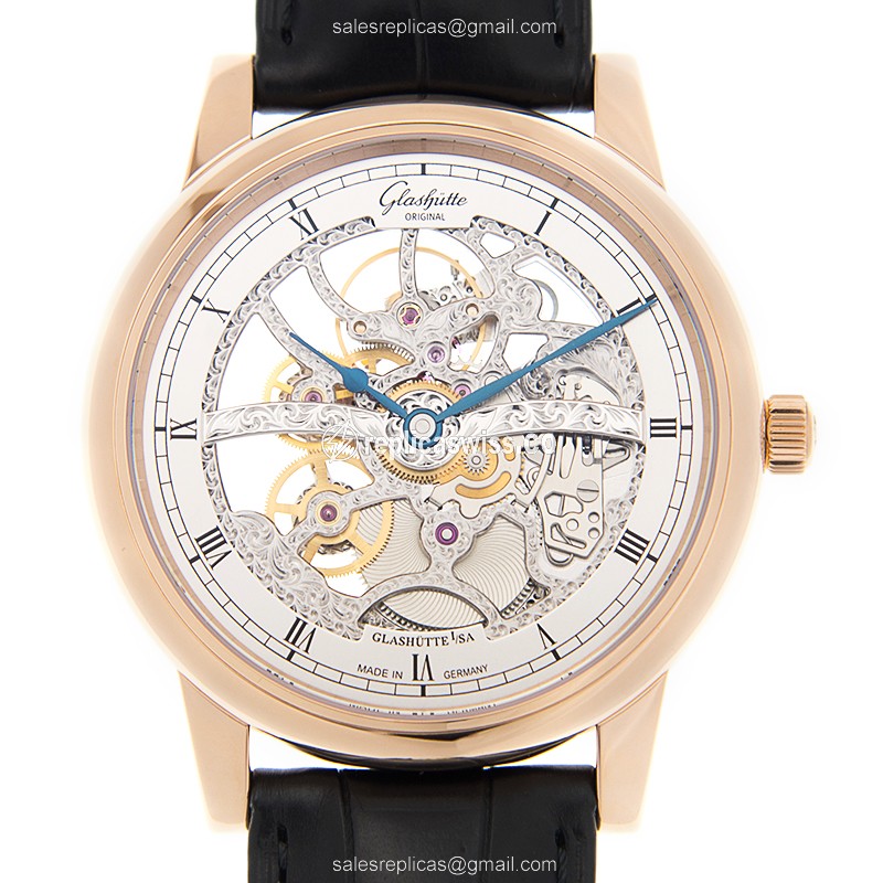 Glashutte Senator Manual Winding Skeletonized - 18kt Rose Gold Case - Silver Dial - Black Alligator Strap