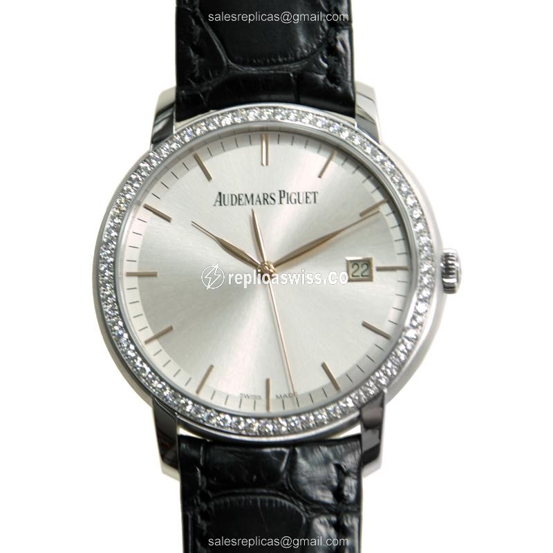 Audemars Piguet 15171BC.ZZ.A002CR.01 Classic - Auto - 18kt White Gold - Diamond - Silver Dial - Black Alligator Strap