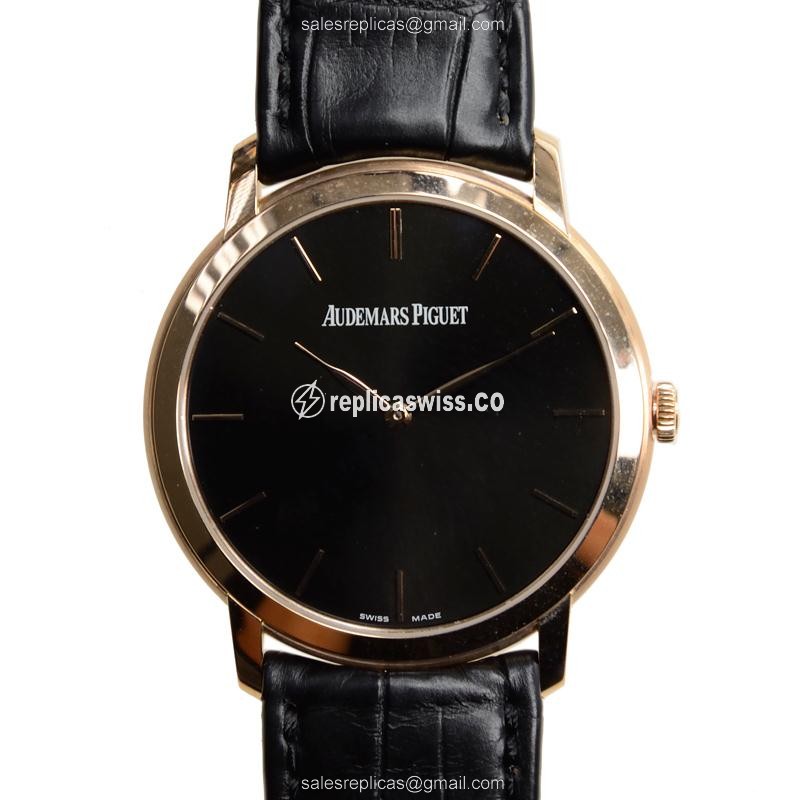 Audemars Piguet 15180OR.OO.A002CR.01 - Automatic - 18kt Rose Gold - Black Dial - Alligator Black Buckle