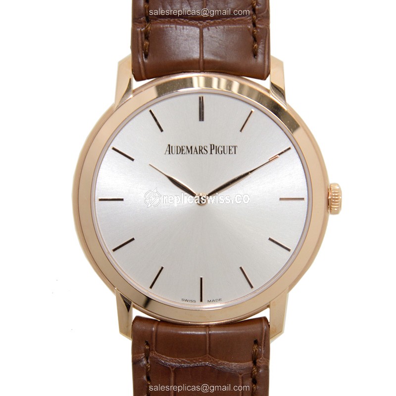Audemars Piguet 15180OR.OO.A088CR.01 Replica - Automatic - 18kt Rose Gold Case - Silver Dial - Brown Alligator Strap