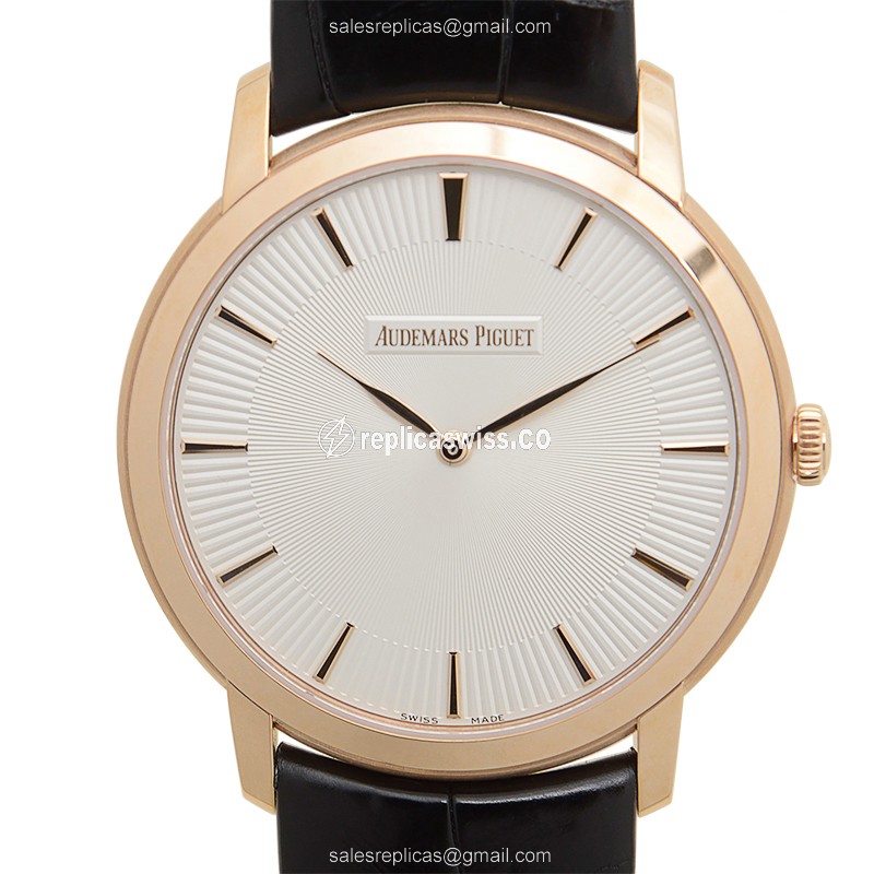 Audemars Piguet 15180OR.OO.A102CR.01 - Classic Auto - Rose Gold Case - Silver Dial - Black Alligator Strap - Luxury Audemars Piguet Replica Watch