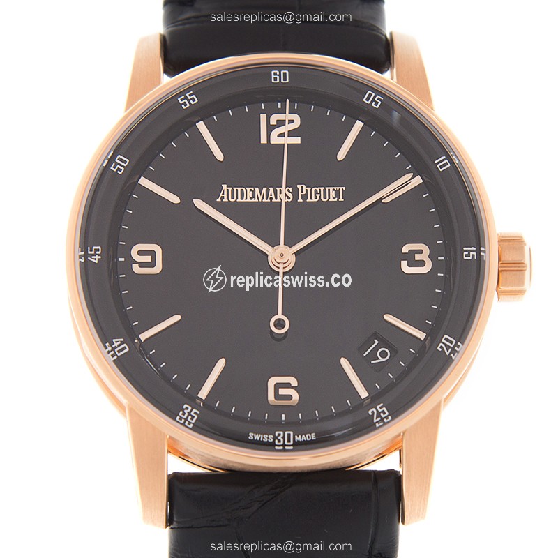Audemars Piguet ROYAL OAK Replica - Automatic - 18kt Rose Gold - Black Dial - Alligator Black Buckle