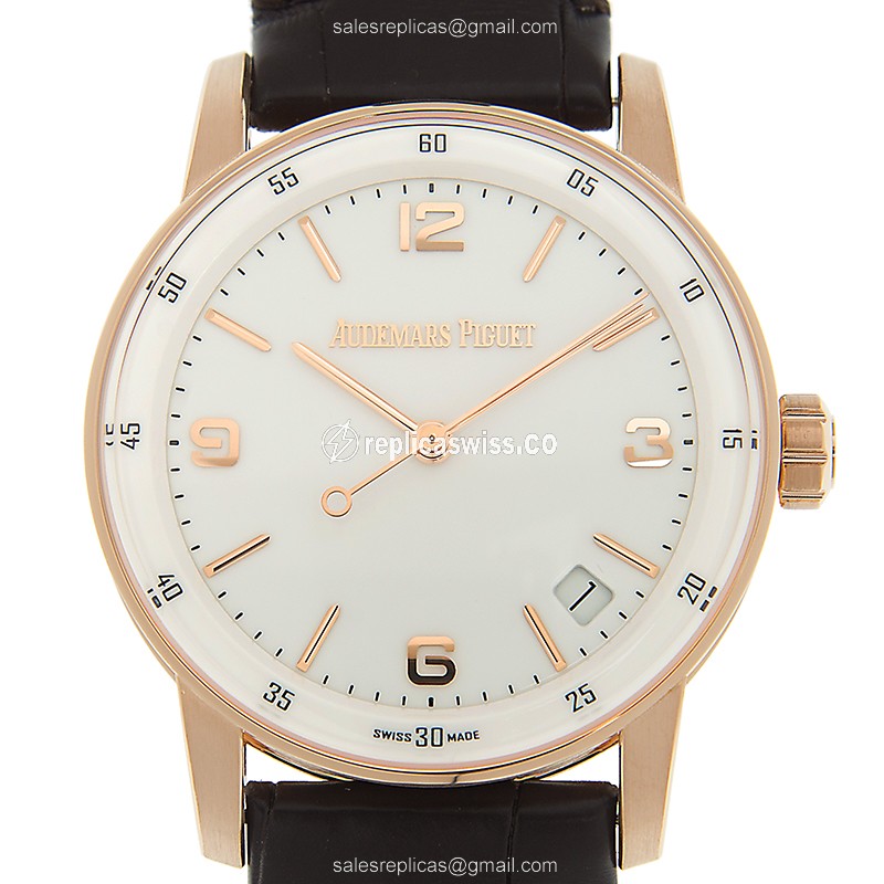CODE 11.59 Audemars Piguet Replica - Automatic - 18kt Rose Gold - White Dial - Brown Leather Strap