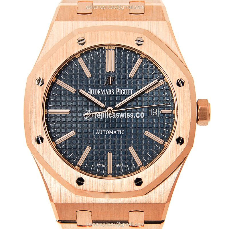 Audemars Piguet Royal Oak Replica - Automatic - 18kt Rose Gold - Blue Dial - Gold Strap - Luxury Replica ROYAL OAK Watch