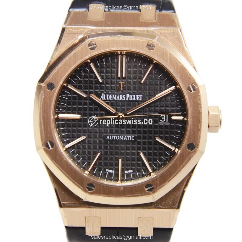 ROLEX ROYAL OAK Replica - Auto - 18kt Rose Gold - Black Dial - Alligator Black