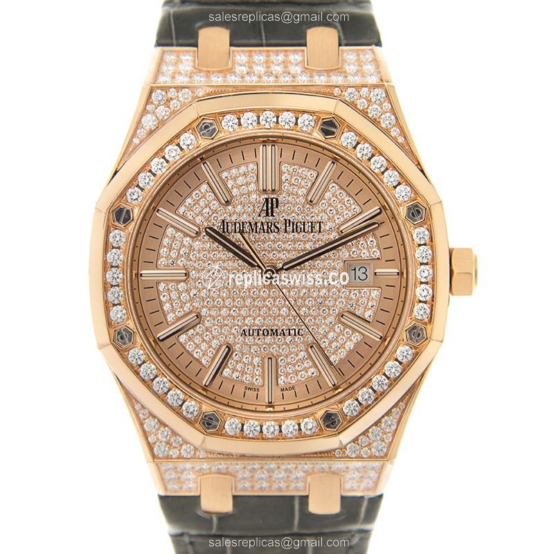 Royal Oak Replica - AP 15402OR.ZZ.D003CR.01 - Automatic - 18kt Rose Gold - Diamond - Gold Dial - Alligator Grey