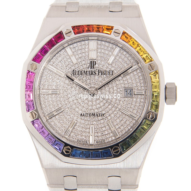 Audemars Piguet ROYAL OAK Replica - Automatic - 18kt White Gold - Ruby Dial - Silver - Gold Strap