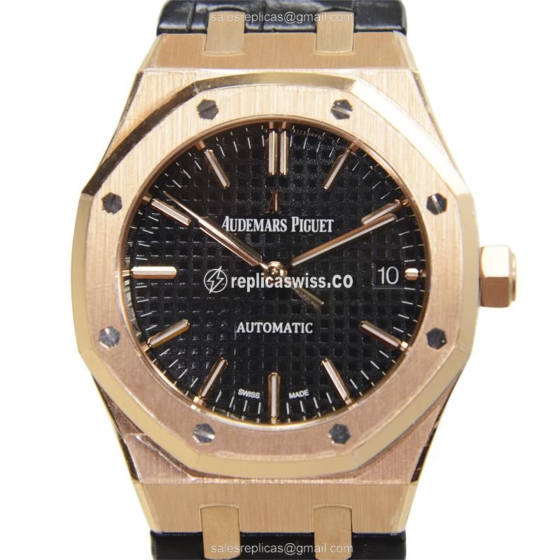 Rolex ROYAL OAK Replica - 18kt Rose Gold - Automatic - Black Dial - Alligator Black