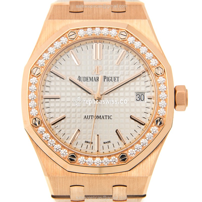 Royal Oak Replica - Audemars Piguet 15451OR.ZZ.1256OR.01 - Automatic - 18kt Rose Gold - Diamond Dial - White