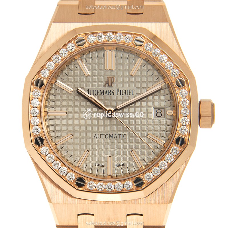 Audemars Piguet Royal Oak Replica - Automatic - 18kt Rose Gold - Diamond Case - Gray Dial