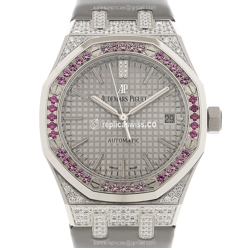 Audemars Piguet Royal Oak Replica - Automatic - 18kt White Gold - Diamond - Silver Dial - Grey Cowhide Strap