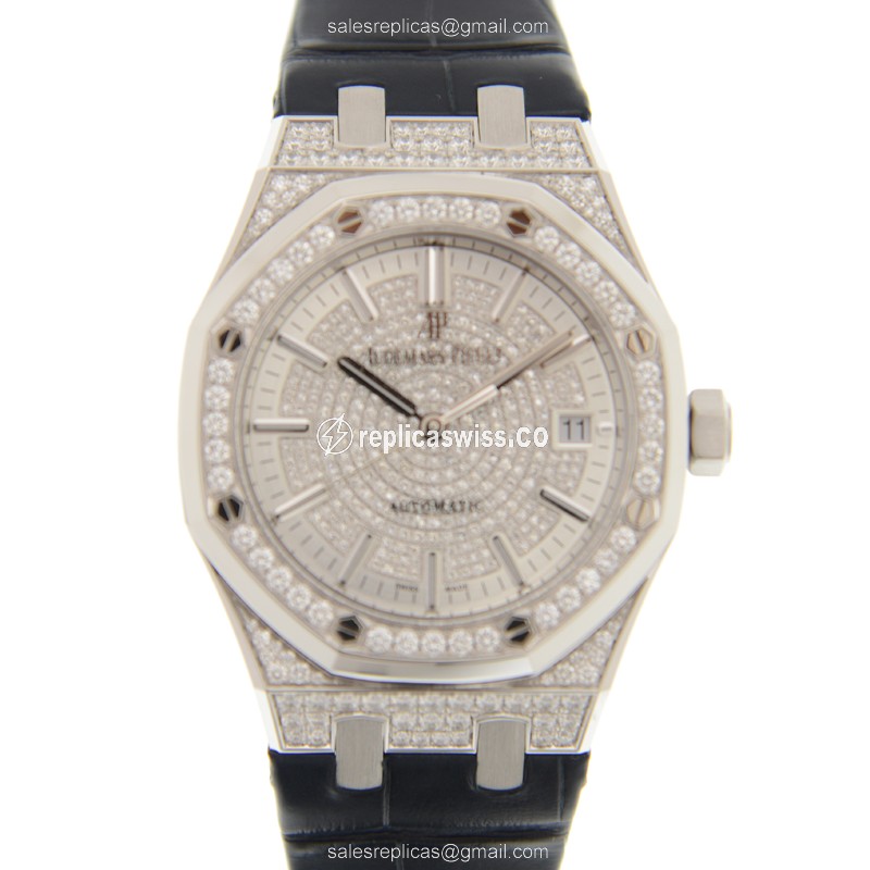 Audemars Piguet Royal Oak Replica - Automatic - 18kt White Gold - Diamond - Silver Dial - Black Alligator Strap