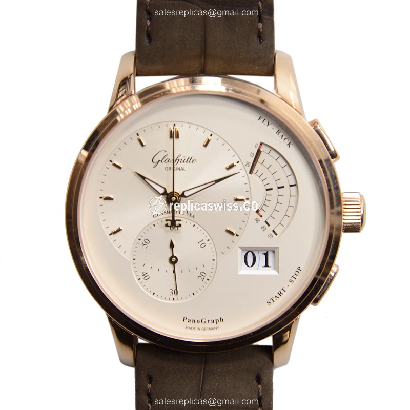 Glashutte PANO Manual Wind 18kt Rose Gold - Silver Dial - Alligator Brown Strap