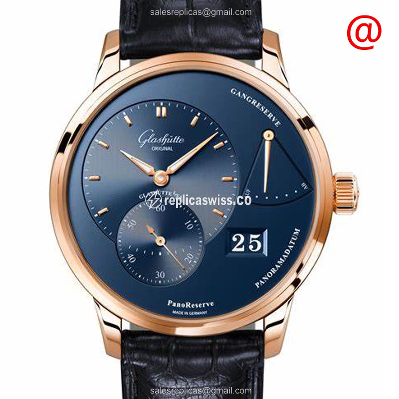 Glashutte PANO Manual Wind 18kt Rose Gold - Blue Dial, Alligator Blue Strap - Luxury Replica PANO Watch