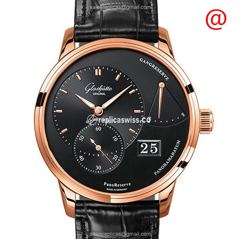 Glashutte PANO Manual Wind - 18kt Rose Gold - Black Dial - Alligator Black Clasp - Luxury Replica PANO Watch