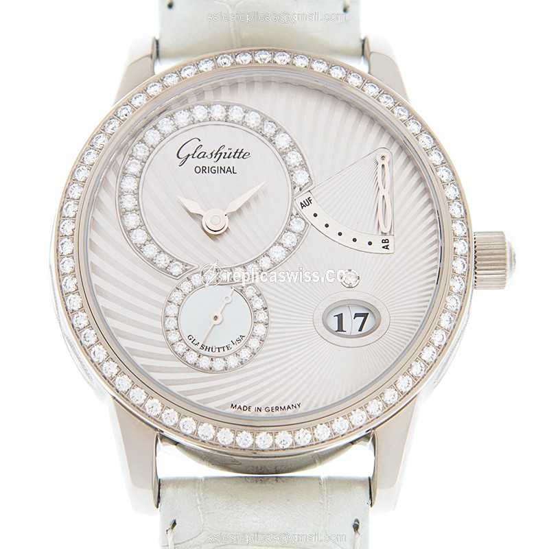 Glashutte Ladies Manual Wind 18kt White Gold Diamond Silver Dial Buckle White Alligator Strap Replica Watch