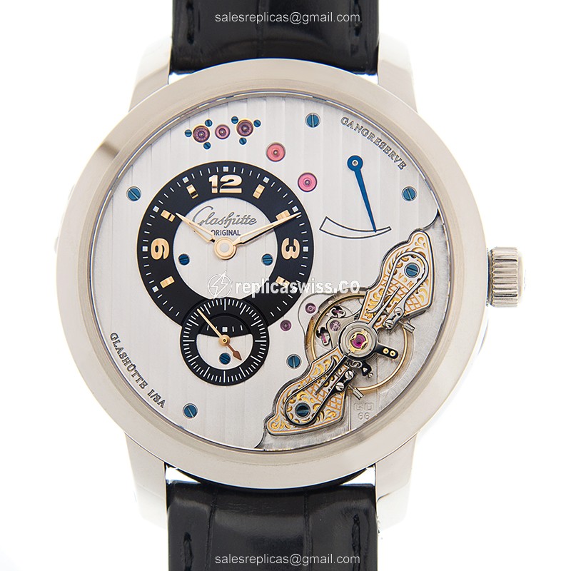 Glashutte PANO Replica - Manual Wind - 18kt White Gold - Silver Dial - Black Alligator Strap - Luxury Replica PANO Watch