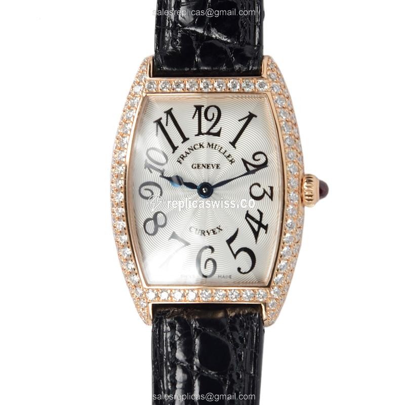Franck Muller 1752 QZ D Replica - Quartz - 18kt Rose Gold - Diamonds - Silver Dial - Buckle Clasp - Black Alligator Strap - Luxury Replica CINTREE CURVEX Watch