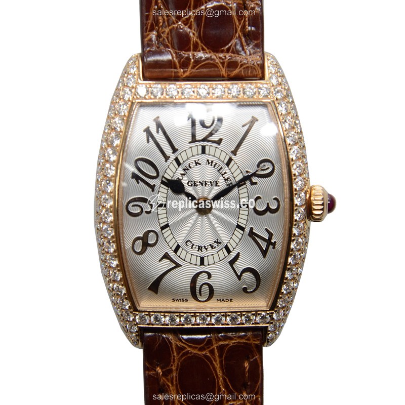 Franck Muller 1752 QZ D REL 5N CINTREE CURVEX - Quartz, Rose Gold, Diamonds, Silver Dial, Buckle Clasp, Brown Alligator Strap