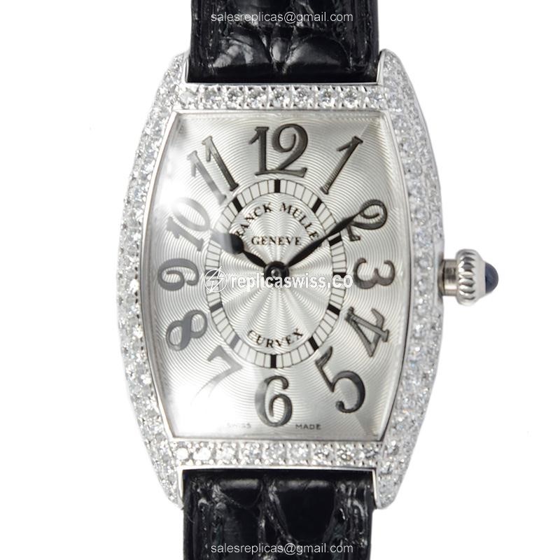 Franck Muller 1752 QZ D REL OG CINTREE CURVEX - Quartz - 18kt White Gold - Diamond - Silver Dial, Black Alligator Strap - Luxury Replica CINTREE CURVEX Watch