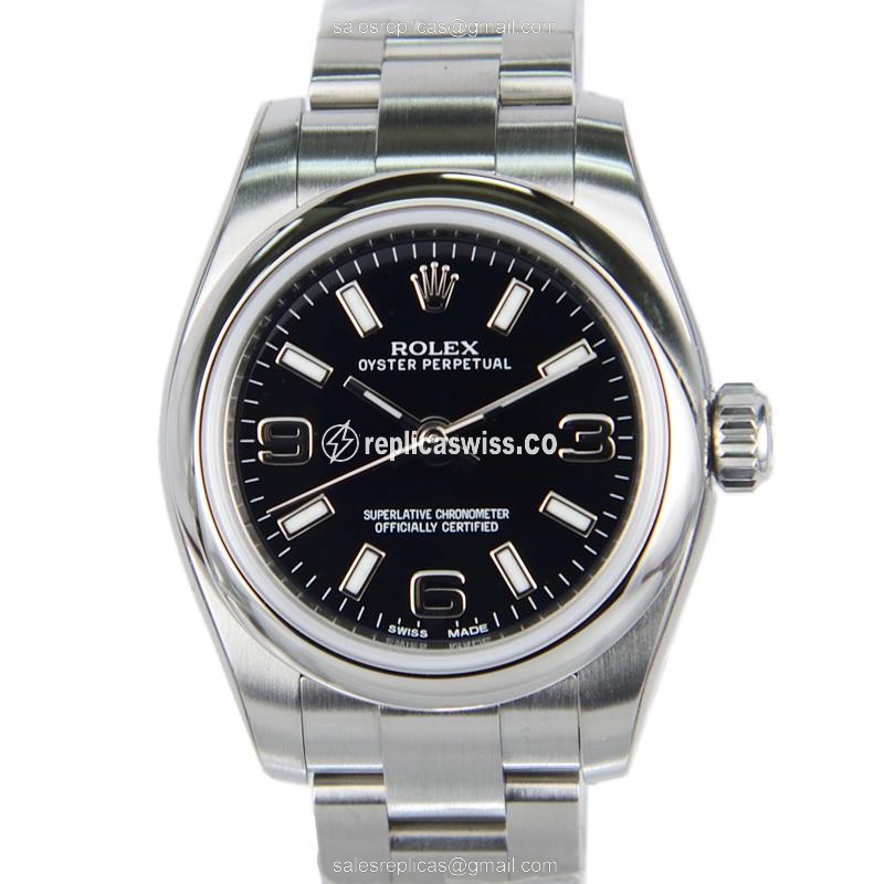 Rolex OYSTER PERPETUAL Replica - Automatic - Steel Case - Black Dial, Silver Clasp & Strap