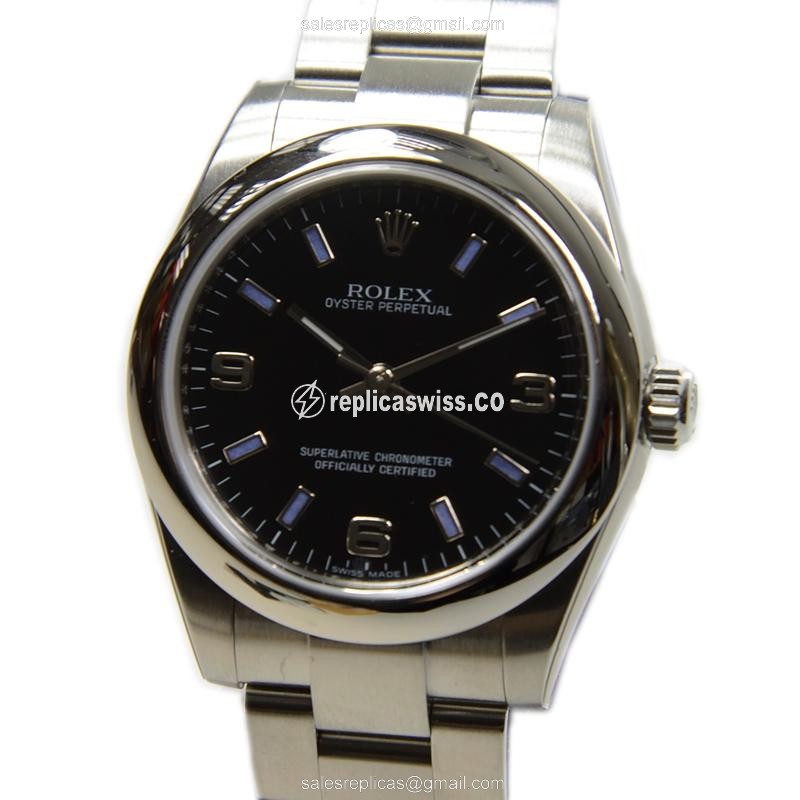 Rolex 177200BK369BL Replica - Automatic - Steel Case, Black Dial, Silver Clasp & Steel Strap - Luxury Replica OYSTER PERPETUAL Watch