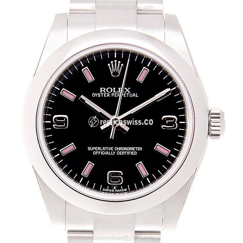 Rolex OYSTER PERPETUAL Replica - Automatic - Steel Case - Black Dial, Silver Clasp & Strap - Luxury Replica OYSTER PERPETUAL Watch