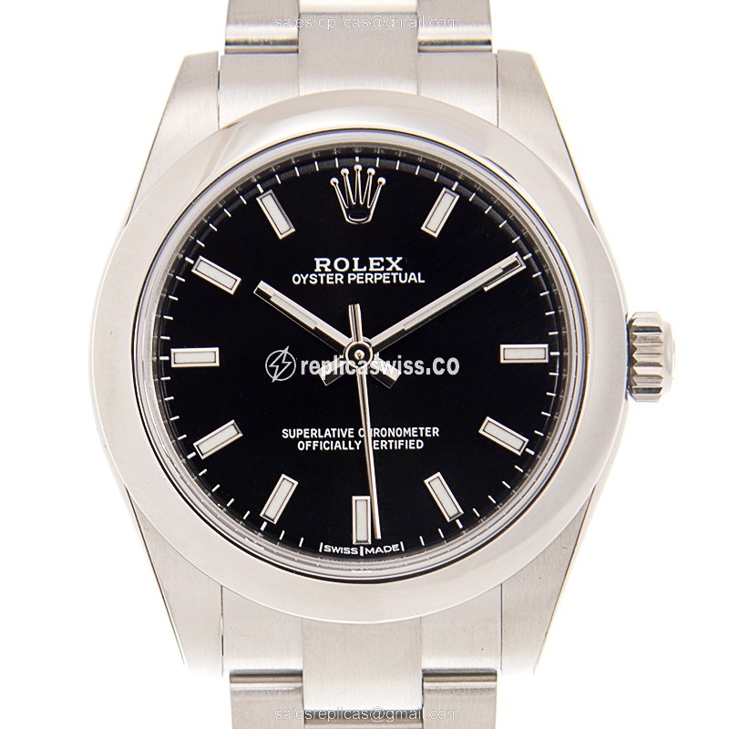 Rolex 177200BK_O Replica - Automatic - Steel Case - Black Dial, Silver Clasp - Luxury Replica OYSTER PERPETUAL Watch