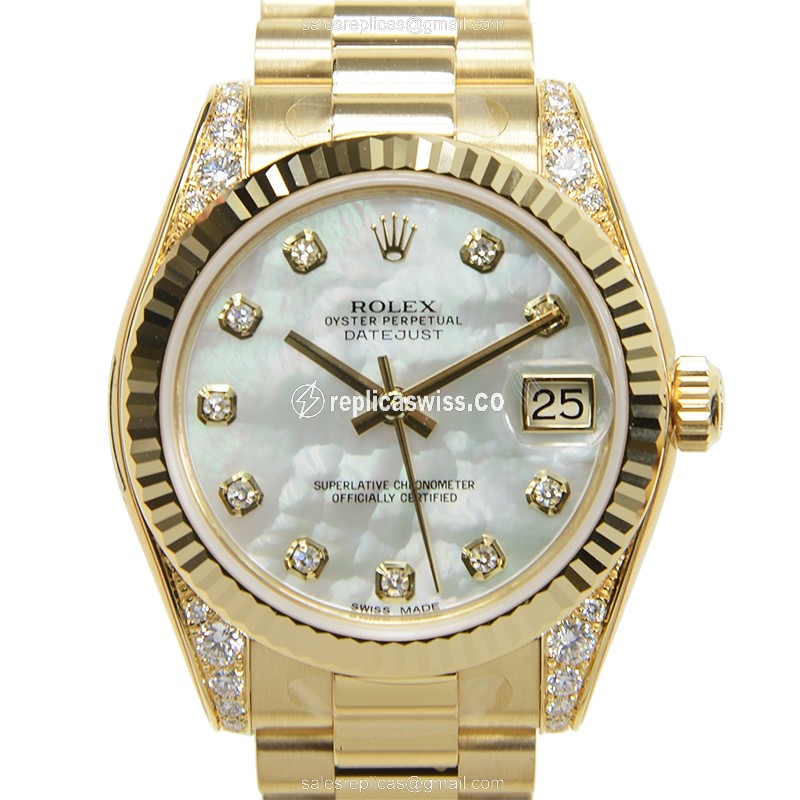 Rolex DATEJUST Replica - Automatic - 18kt Gold Case - White Dial - Gold Clasp
