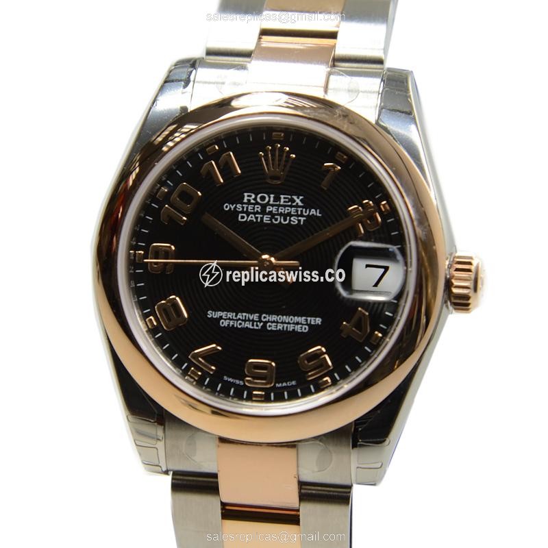 Rolex Datejust Lady Replica - Automatic - Rose Gold Case, Black Dial, Steel Strap