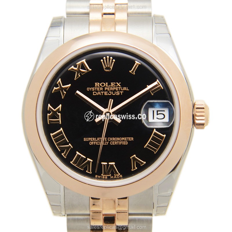 Rolex Lady Datejust Replica - Automatic - 18kt Rose Gold & Steel Case - Black Dial on Silver Strap