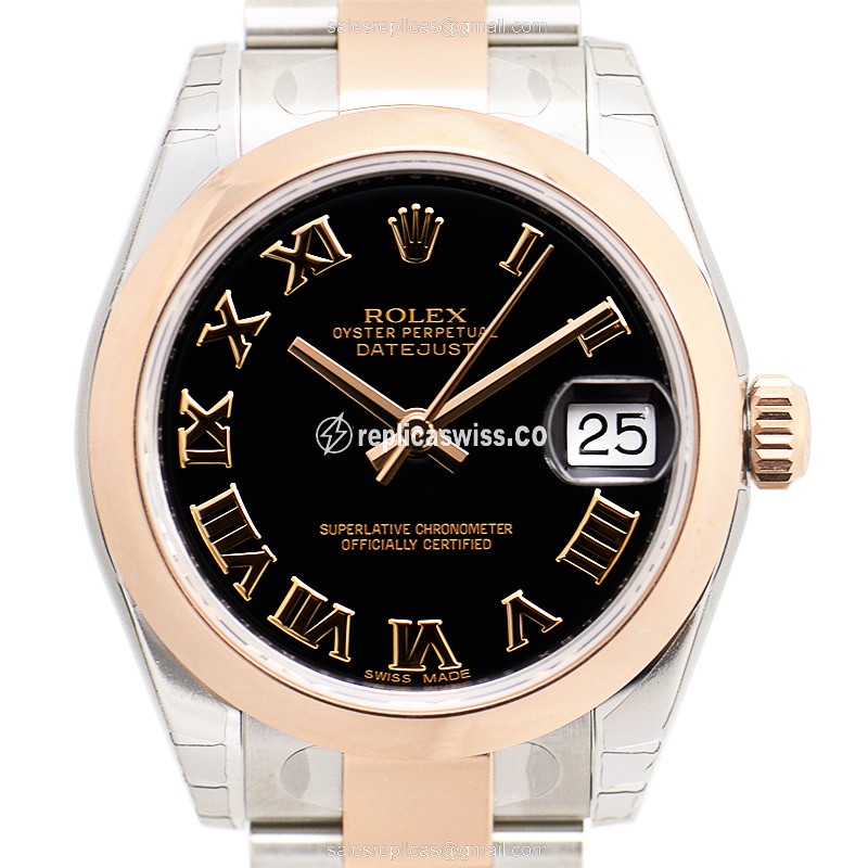 Rolex Lady Datejust Replica - Automatic, 18kt Rose Gold Case, Black Dial, Silver Clasp & Strap