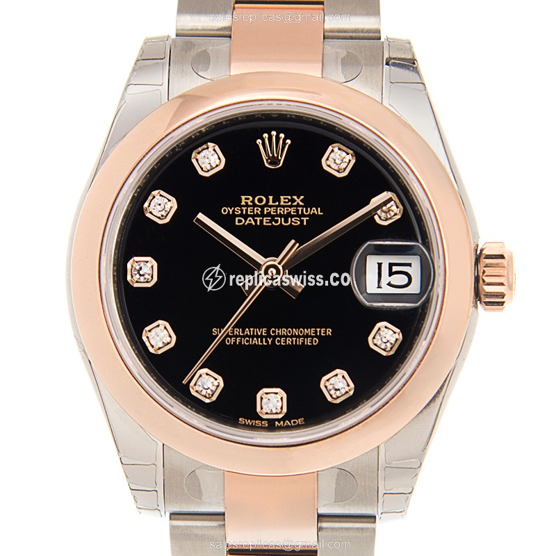 Rolex Datejust Replica - Automatic - 18kt Rose Gold Case - Black Dial & Gold Steel Strap