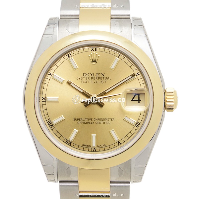 Rolex Lady Datejust Replica - Automatic - Gold Dial - Silver Clasp - 18mm