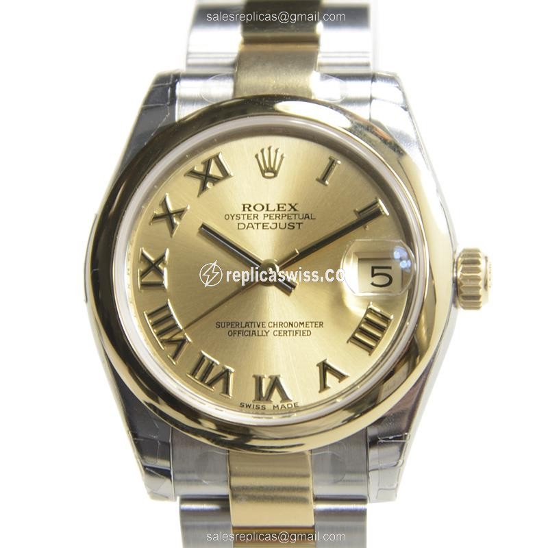 Rolex Lady Datejust Replica - Automatic, Gold Dial, Clasp, Silver Strap
