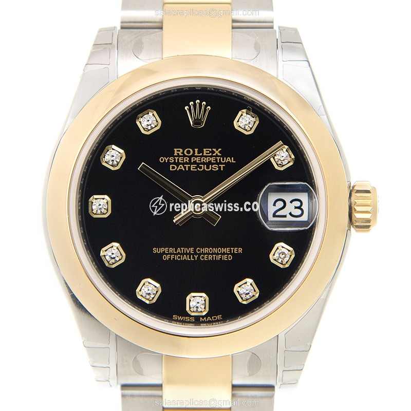 Rolex Lady Datejust Replica - Automatic - 18kt Gold & Steel - Black Dial - Gold Strap - Luxury Replica LADY DATEJUST Watch