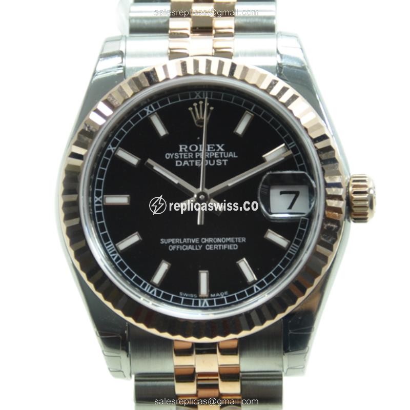 Rolex Lady Datejust Replica - Automatic - 18kt Rose Gold & Steel Case - Black Dial