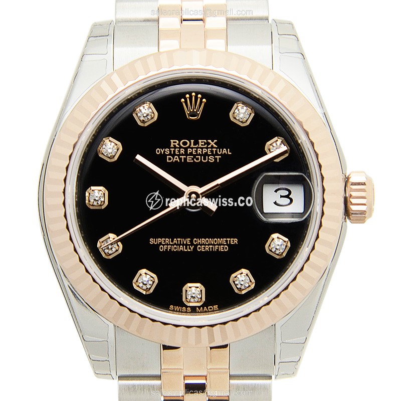 Rolex Datejust Replica - Automatic - 18kt Rose Gold & Steel Case - Black Dial