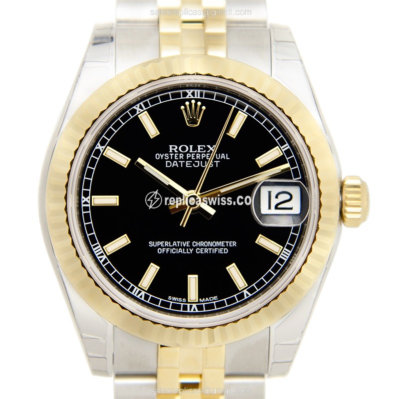 Rolex Lady Datejust Replica - 18kt Gold & Steel Case, Black Dial on Silver Strap