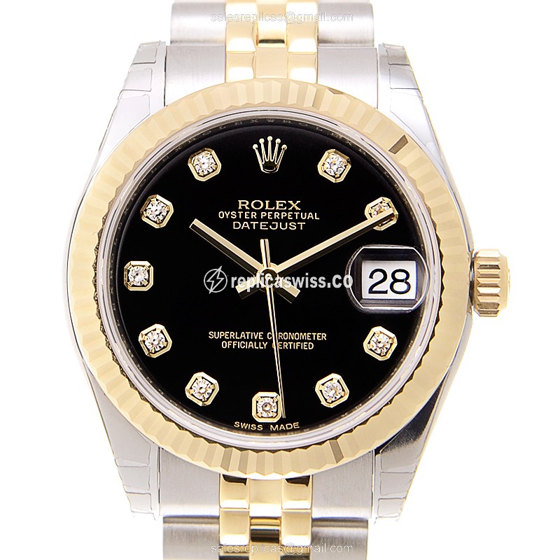 Rolex Datejust Replica - Automatic - 18kt Gold & Steel - Black Dial, Gold Clasp