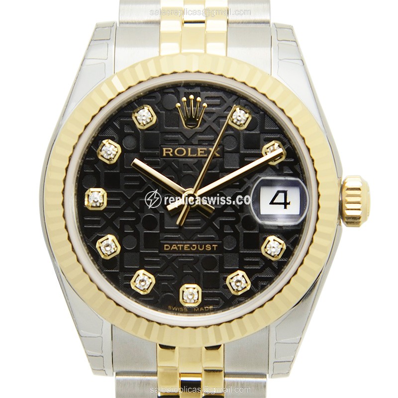 Rolex Lady Datejust Replica - Automatic, 18kt Gold, Black Dial on Steel