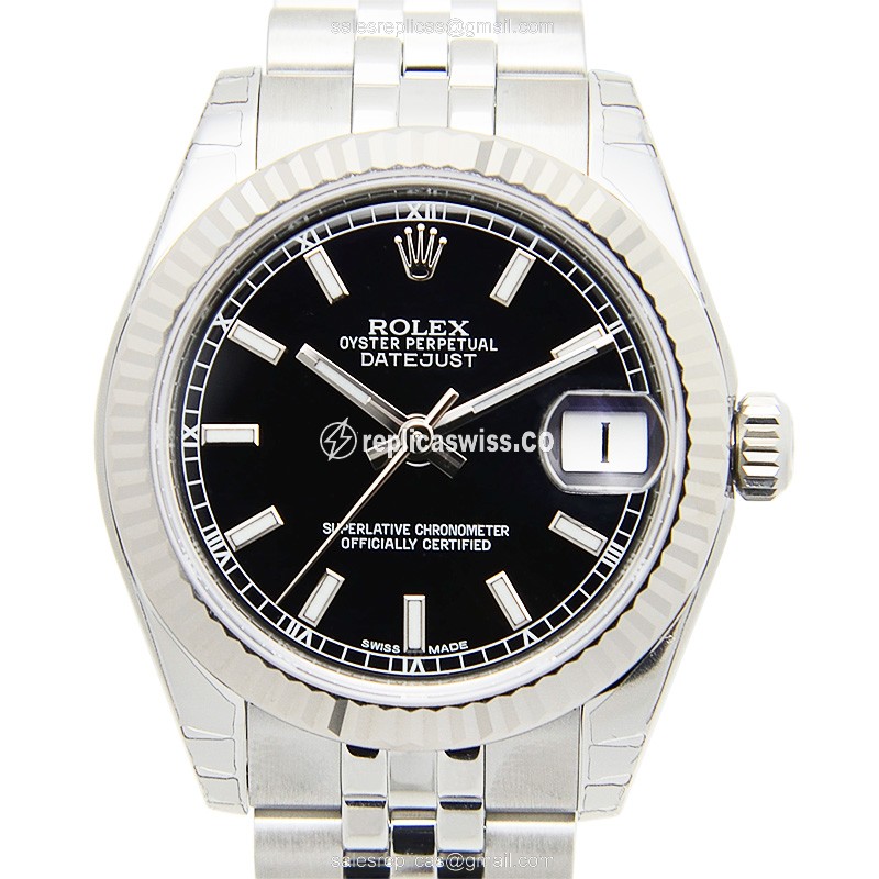Rolex Lady Datejust Replica - Automatic - White Gold & Steel Case - Black Dial