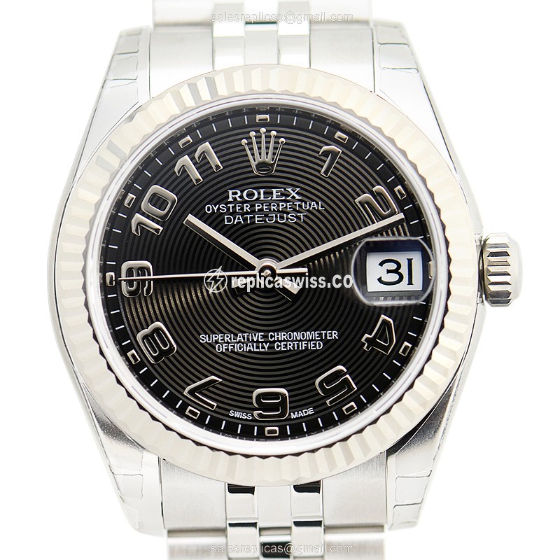 Rolex Datejust Replica - Automatic - White Gold Case, Black Dial, Steel & Silver Strap