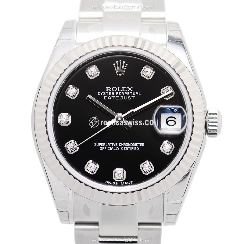 Rolex Datejust Replica - Automatic - 18kt White Gold & Steel - Black Dial on Silver Steel Strap